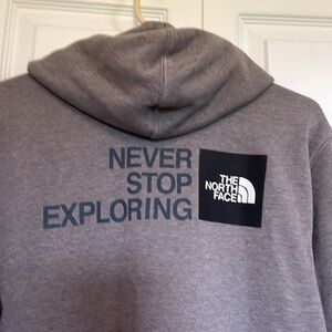 Men’s Sz S The North Face gray hoodie. Never Stop Exploring on back, kangaroo